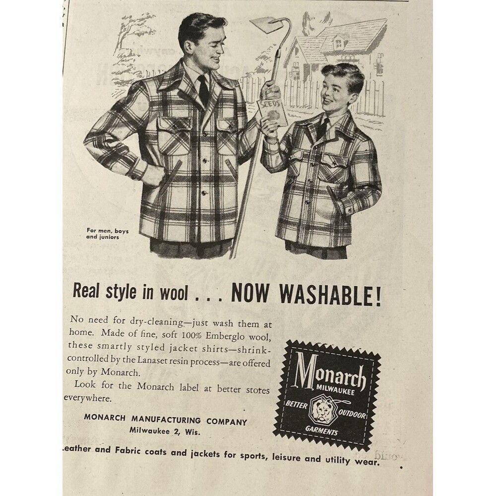 Monarch Milwaukee Outdoor Garments "Real Style in Wool" Vintage Print Ad 1940s